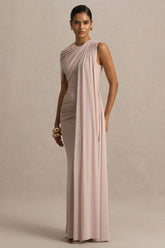 Brenda | Champagne Crew-Neck Maxi Dress With Mesh Cape And Sash