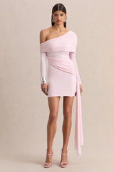 Savita | Light Pink Ruched Asymmetric Mini Dress With Drape