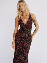 Vestido largo Nellie estampado floral negro/rojo