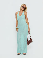 Vestido maxi de ganchillo Nalanie Halter Aqua