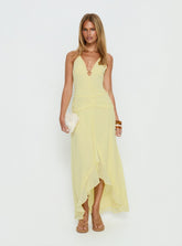 Vestido largo asimétrico con cuello halter Roxine amarillo