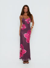 Vestido maxi halter con abalorios Kamina Ciruela floral