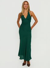 Vestido largo Luannie con cuello halter y bufanda atada, color esmeralda