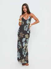 Vestido maxi halter Esmira chocolate/azul floral