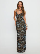 Vestido maxi Saphrona con cuello de pico estampado de leopardo