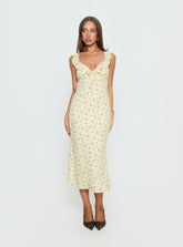 Vestido largo Leabelle con volantes en el cuello, estampado floral amarillo