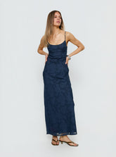 Vestido largo Ariadne sin espalda y con escote pronunciado, azul marino con estampado quemado