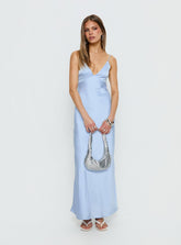 Vestido largo azul Normanby con cuello de pico y detalle de lazada