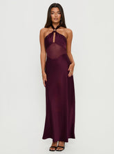 Vestido largo transparente Rosario Halter color ciruela