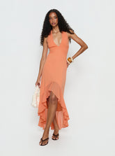 Vestido largo fruncido con cuello halter Agata Naranja