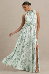 Talia | Green Floral Print High-Neck Maxi Dress With Front High Split