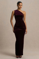 Treat | Burgundy Velvet Asymmetric-Neck Maxi Dress With Ruched Detailing.