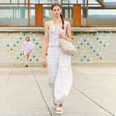 Chanel Women's Spring/Summer Graffiti Printed Camisole Top Wide Leg Jeans Pants Set Suit #74985