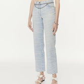 Chanel Women's Four Seasons Pearl Chain Print Cotton Casual Solid Color Straight Jeans Denim Pants #76229