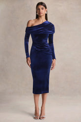 Eirene | Blue Velvet Asymmetric-Neck Midi Dress