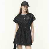 Chanel Women's Summer Solid Colour Round Neck Button-Up Waist-cinched Embroidered Logo Short Sleeve Short Dress #77939