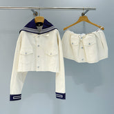 MiuMiu Women's Spring/Summer Navy Collar Single-Button Cotton Long-Sleeve Denim Jacket Solid-Color Casual Short Skirt #81546