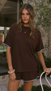 Zaide Knit T-Shirt and Shorts Set - Chocolate/Blue