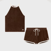 Celine Women's Women's Spring And Summer Velvet Plain Knit Mini Shorts Fashion Trend Temperament Elegant Tank Top Brown Set Suit #81378