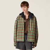 MiuMiu Women's Fall/Winter Lettering Eembroidered Logo Hood Zip Camel Green Navy Check and Technical Jacket #332611
