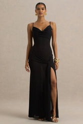 Virtue | Black Cowl-Neck Fishtail Maxi Dress With Split