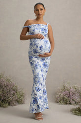 Lita | Blue Floral Print Twisted Asymmetric Maternity Maxi Dress
