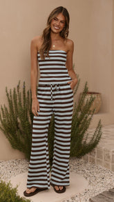 Milla Strapless Top & Pants Set - Brown/Blue Stripe