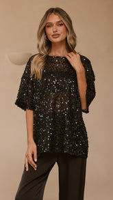 Varni Oversized Sequins Tee - Black
