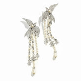 Chanel Pearl Crystal CC StarBird Drop Earrings Silver Pearly White #387523