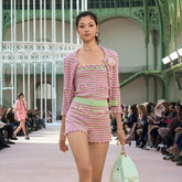 Chanel Women's Spring Summer High Street Striped Colorblocking Sheath Top Long Sleeve Round Neck Cashmere Cardigan Casual Shorts Ngvp #1679