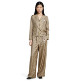 Gucci Women's Summer Solid Color Letter Print Heart Pattern Single Breasted Silk Long Sleeved Shirt And Casual Tie Pants Suit Set #77927