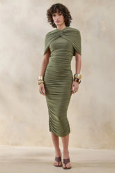 Parisia | Olive Round-Neck Midi Dress With Cape-Detail
