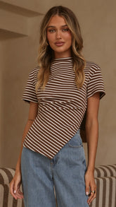 Tiarna Side Ruched Tee - Brown/White Stripe