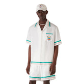 Casablanca Men's And Women's Summer Fashion Casual Cherry Blossom Pattern Silk Striped Collared Short Sleeved Shirt And Elastic Striped Shorts Set #78235