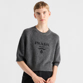 Prada Women's Summer Solid Color Logo Print Round Neck Wool Knit Short Sleeve Sweater T-Shirt #75581