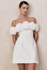 Florinda | White Boucle Floral-Bardot Neck Mini Dress