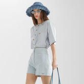 Fendi Women's Summer Solid Color Striped Printed Hem Tie-up Round Neck Single-breasted Short-sleeved Top And Casual Shorts Set Suit #77357