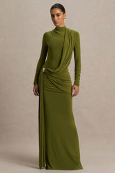 Melissa | Olive Long-Sleeve Wrap Maxi Dress With Draped Detailing