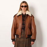 SAINT LAURENT Women's Autumn And Winter Luxury Leather Coat Hair Collar Pilot Jacket Leather Coat Jacket Fashion Temperament Elegant Short Black Aged Leather Jacket Ngvp #2643