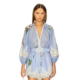 Zimmermann Women's Summer Floral Print Lace Trim Single Breasted Thin Long Sleeved Shirt And Casual Lace Shorts Set Suit #77434