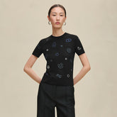 Hermes Women's Floral Jacquard Colorful Summer Round Neck Stretch Knitted Wool Blend Short Sleeve Top Sweater Ngvp #2135