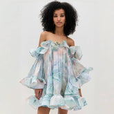Zimmermann Women's Summer Blue Printed Silk Ruffle Strapless Mini Silk Dress #77178