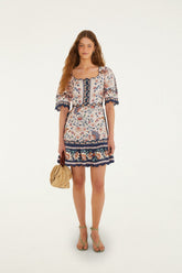 Pink Floral Delhi Tapestry Scallop Cut-Out Mini Dress