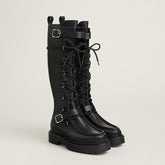 Hermes Women's Fall/Winter Landscape Boots Lace-Up Round-Toe High-Top Boots Solid-Color Cowhide Casual Shoes Heel Height: 3.5cm Ngvp #2326