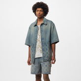 Louis Vuitton Men's Summer Fashion Casual Collared Single Button Classic Embossed Denim Short Sleeve Shirt Classic Print Zipper Mid Rise Workwear Denim Shorts Suit Set #78561