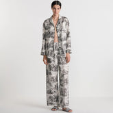 Dior Women's Reverse Garden Jungle Pattern Printed Series Set Black And White Colour Blocking Fashionable Temperament Pajamas Lapel Shirt Homewear Straight Trousers Pants Comfort Suit Set #71966