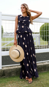 Cambree Peplum Top and Maxi Skirt Set - Black / Beige Polka Dot