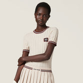 MiuMiu Women's Summer Solid Color Letter Print Knitted Round Neck Short Sleeve T-Shirt #77557