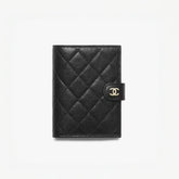 CHANEL Caviar Quilted Passport Holder Black Women's Black Checkered Square Wallet with Gold and Silver Buckles #82319A