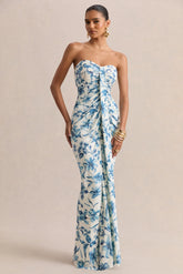 Ali | Blue Porcelain Print Sweetheart Ruched Wrap Maxi Dress